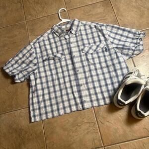 Handcropped Boxy fit Wolverine Blue and White Plaid Button-up short sleeve shirt
